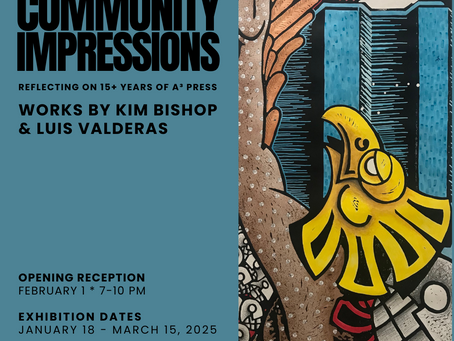Postcard promoting Community Impressions exhibition at Coronado Print Room. Alongside the general information about the show, there is an accompanying picture of a relief print by Kim Bishop and Luis Valderas