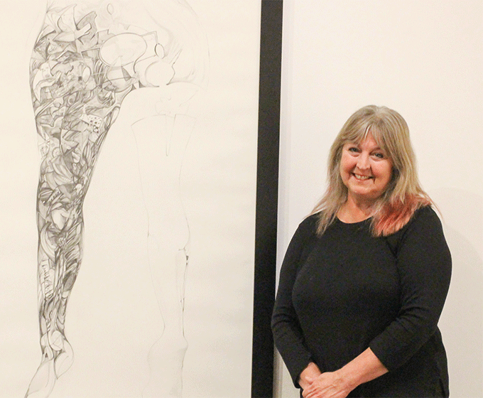 Headshot of Kim Bishop next to her work.