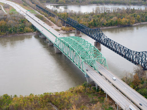 "Construction crews work along Interstate 64 as part of the I-64 expansion project in St. Charles County."