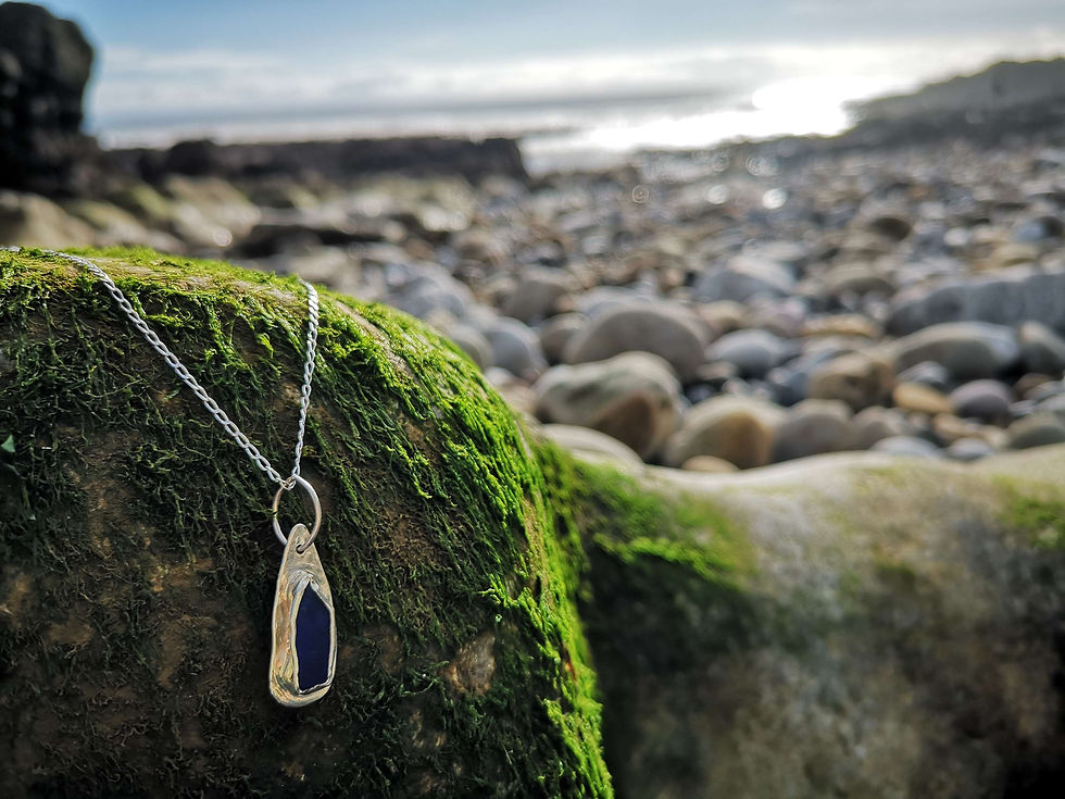 Thumbnail: Rare Cobalt blue Welsh seaglass and sterling silver pendant 