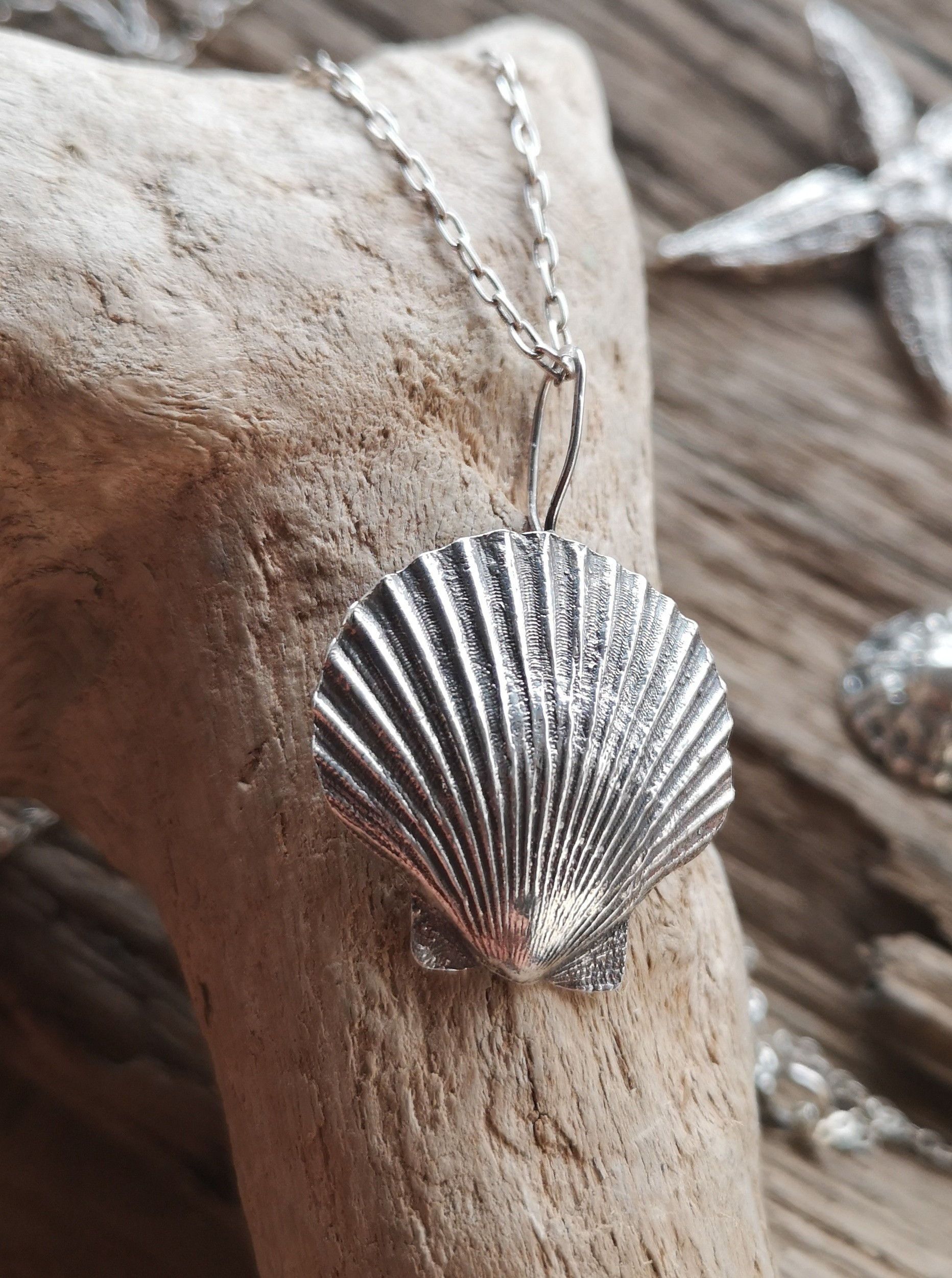 Solid silver and sterling silver scallop shell pendant