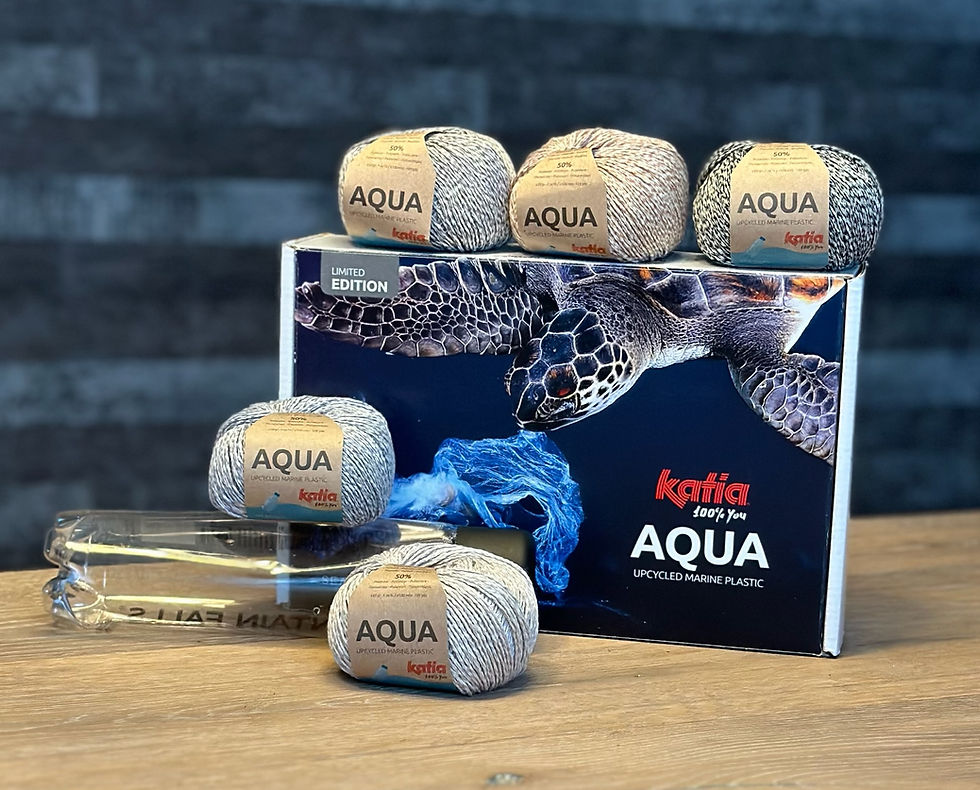 5 balls of Aqua on the product box with a sea turtle free from plastic and a plastic bottle