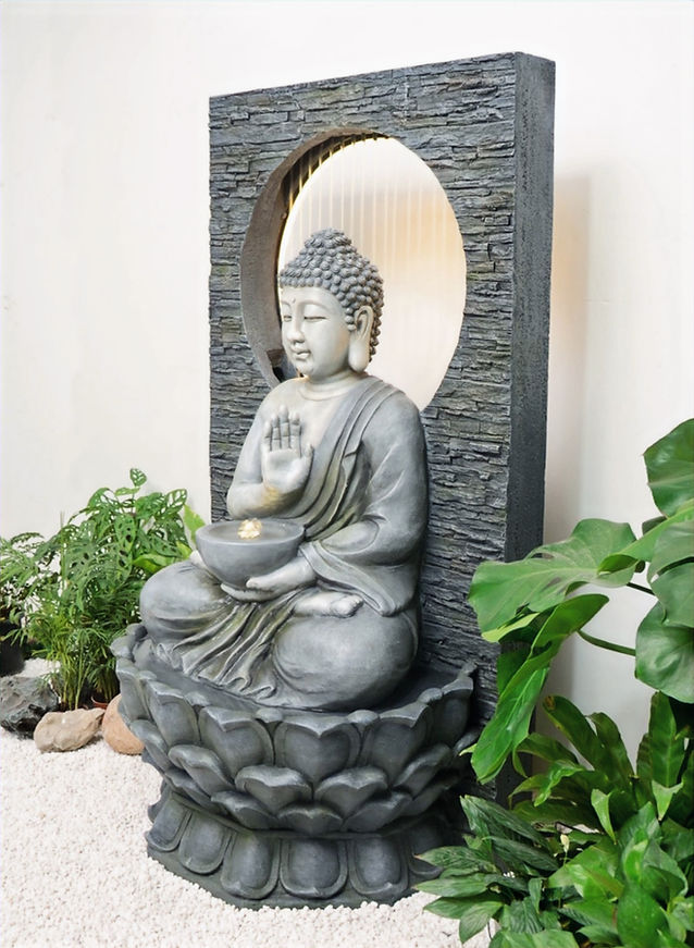 Modern Wisdom Buddha water feature with a serene Buddha face, cascading water, and soft LED lighting—designed to bring tranquility to any garden or indoor space