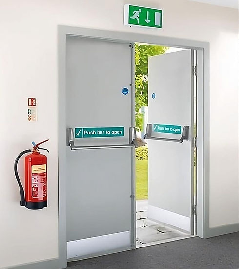 Open fire door with a fire extinguisher