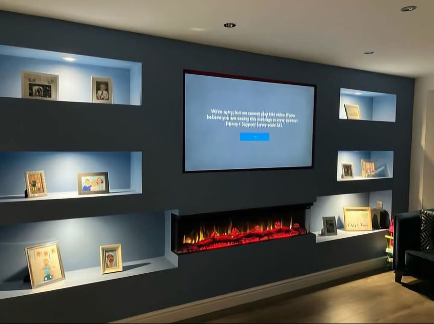 Modern living room with TV and fireplace