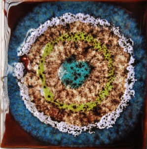 Chroma Circles Tiles. Hand-painted circle in vibrant glazes on contrasting background.