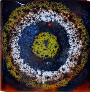 Chroma Circles Tiles. Hand-painted circle in vibrant glazes on contrasting background.
