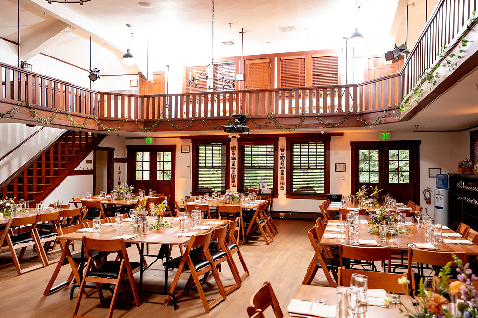 Reception hall with set tables, flowers, and chandeliers