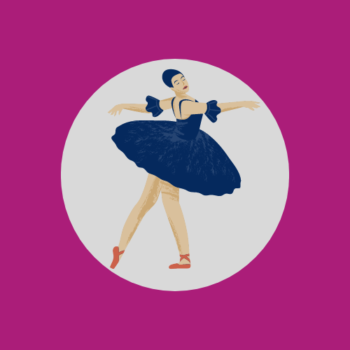 Drawing of a dancer standing in tendu derrière. There is a magenta background. 