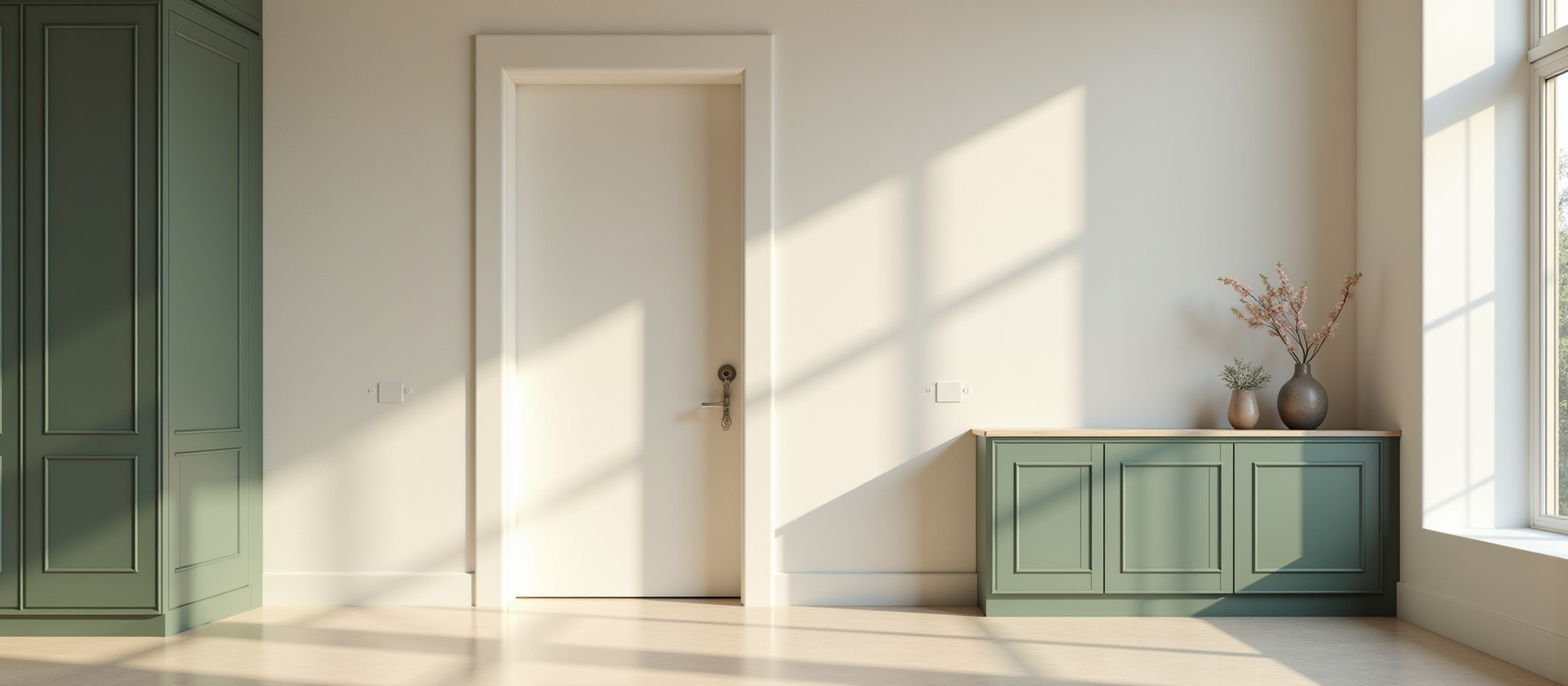 Cover photo featuring a beige wall, tan flooring, sage green accent cabinets, and detailed trim work including doorway casing and baseboard, interior finishes.