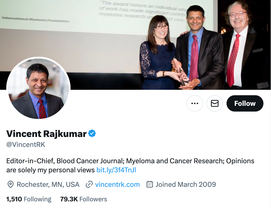 Dr. Vincent Rajkumar's Twitter profile
