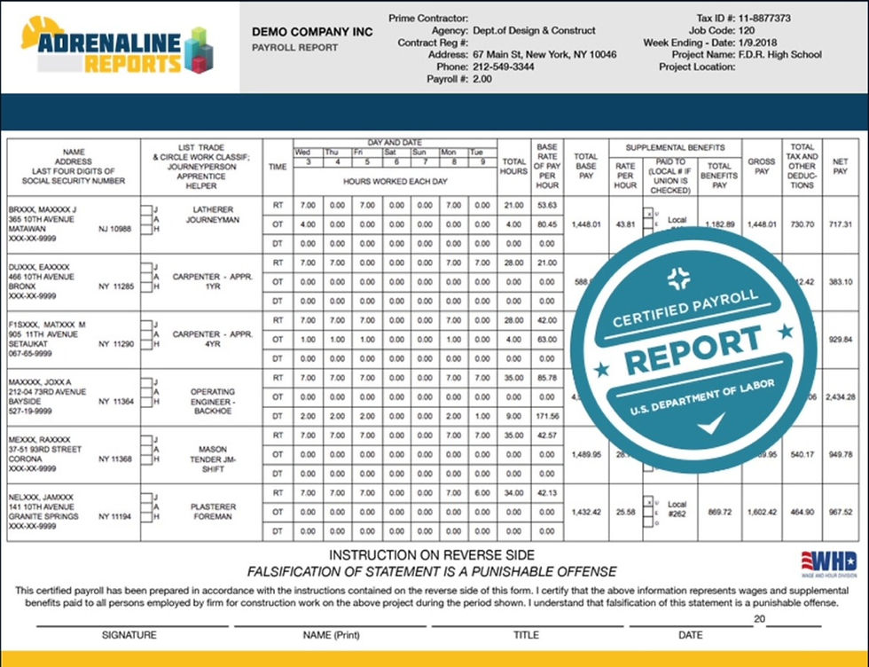 Close-up view of a certified payroll report with wage details