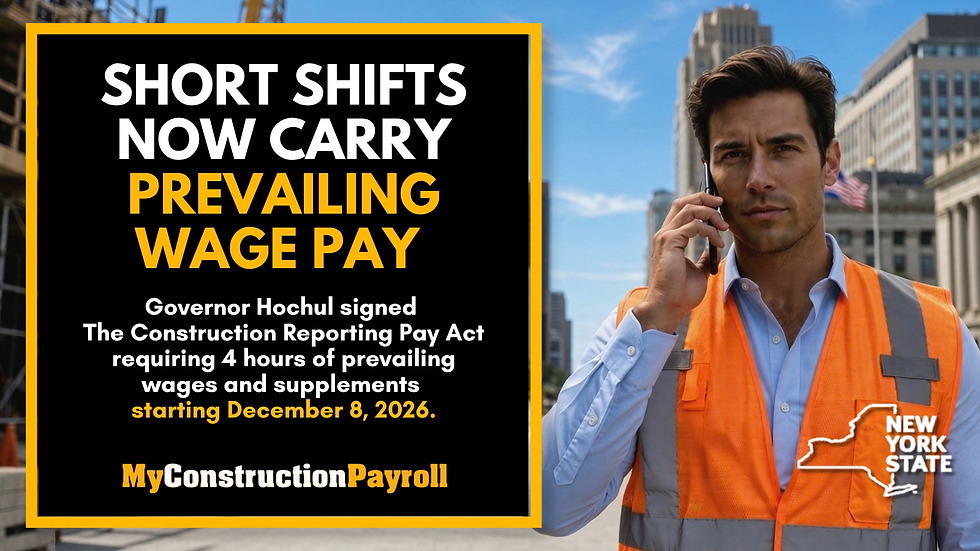 Construction general contractor and payroll director reviewing NY Labor Law § 224-g reporting pay schedules and certified prevailing wage files on a tablet.