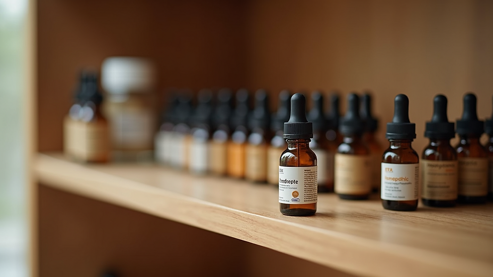 Eye-level view of a wooden shelf with small glass bottles of homeopathic remedies