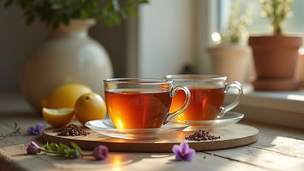 Eye-level view of a cozy home setting with herbal teas and homeopathic remedies