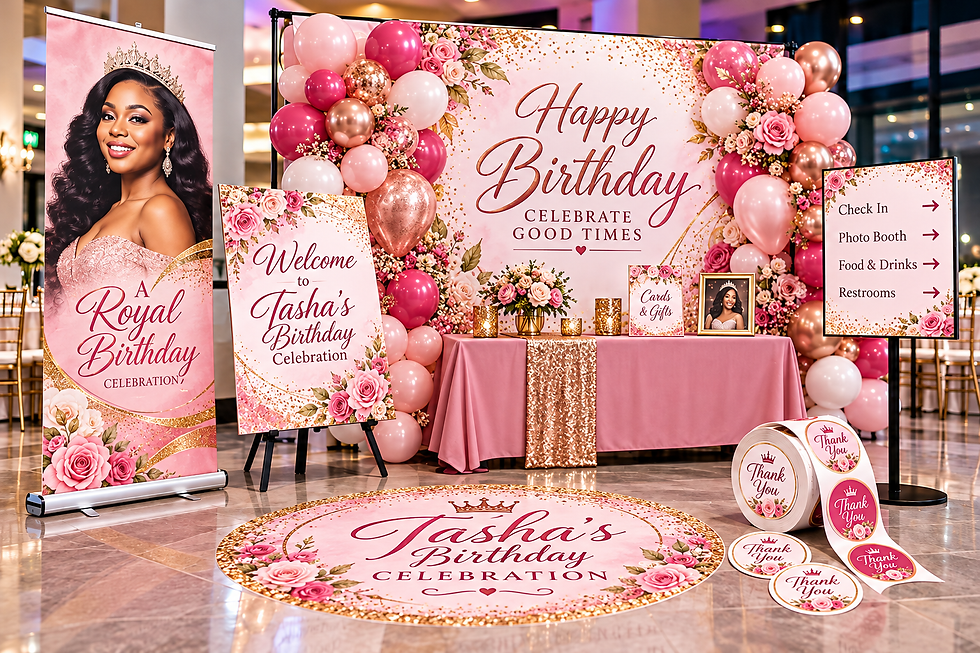 Custom party backdrop, welcome sign, retractable banner, foam board, stickers and floor decal for a celebration