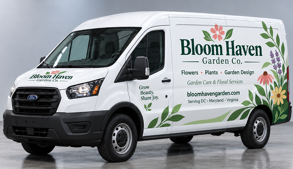 Commercial van with custom business logo, lettering, and vehicle graphics
