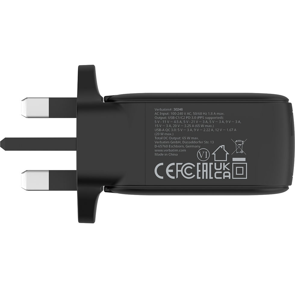 Thumbnail: Verbatim 65W GaN wall charger showing UK plug and certifications.