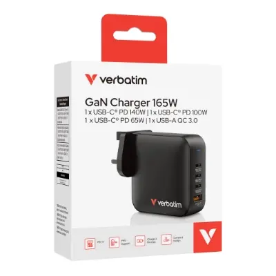 Thumbnail: Verbatim Mini GaN Charger 165W 4 Port Fixed UK Plug 32057
