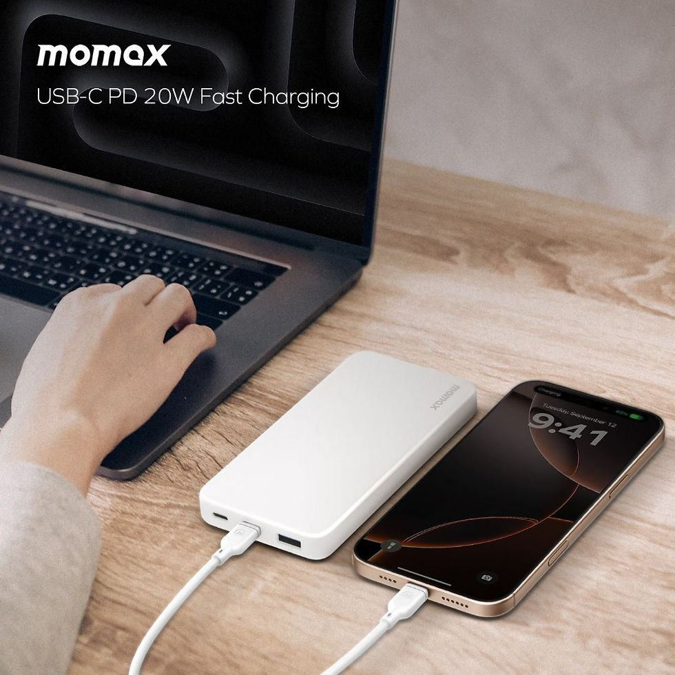 Thumbnail: Momax 1-Power Vital 10000mAh powering a phone near a laptop
