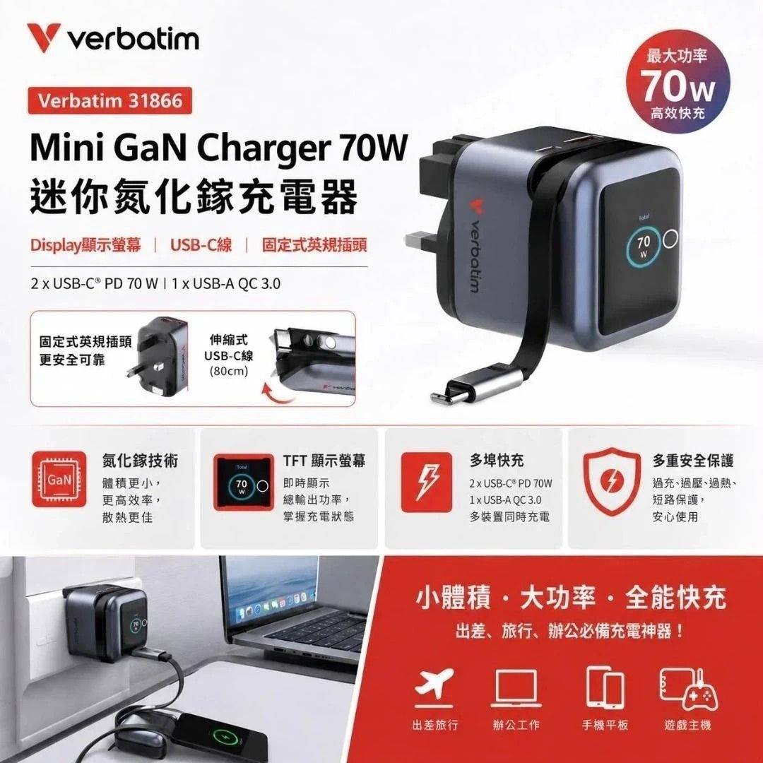 Verbatim 70W Mini GaN Charger with TFT display and retractable cable