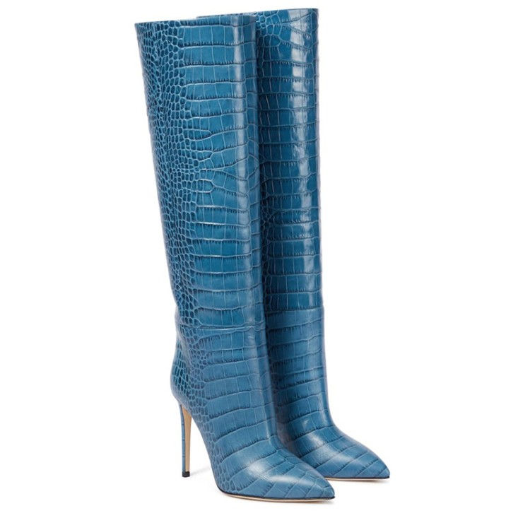Thumbnail: 2021 Ladies Winter Point Toe Crocodile Print Knee High  Boots Microfiber Leather