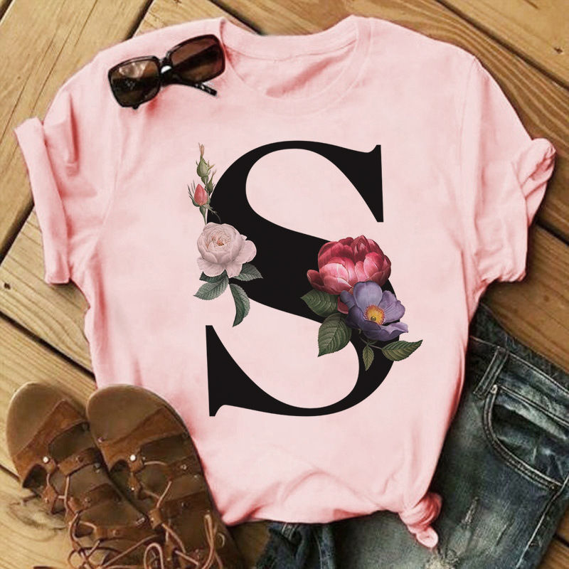 Thumbnail: Graphic Tee T Shirt Crop tops Pink V-Neck Letter T-shirts