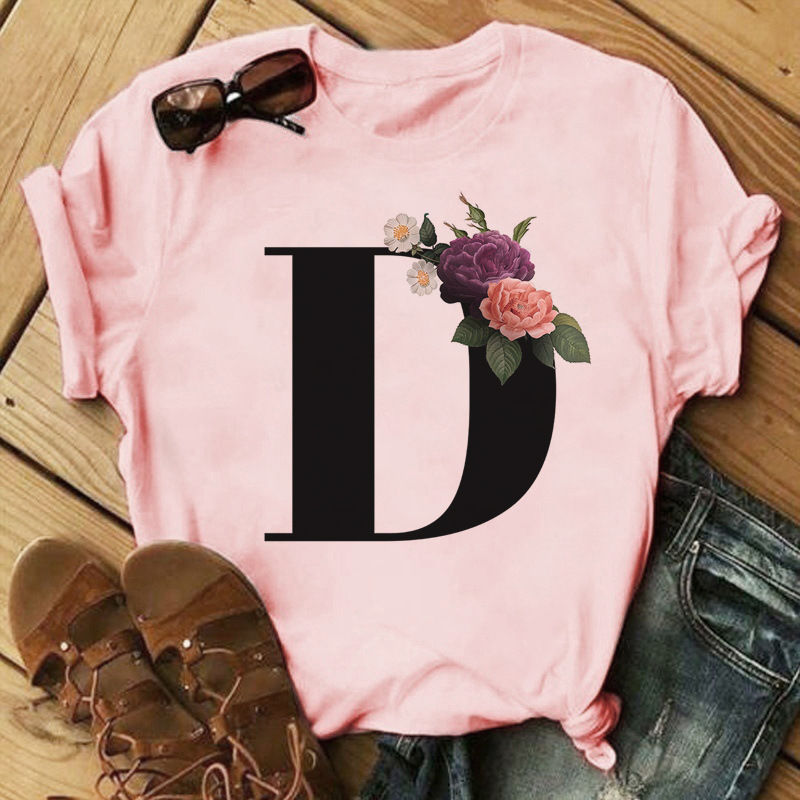 Thumbnail: Graphic Tee T Shirt Crop tops Pink V-Neck Letter T-shirts