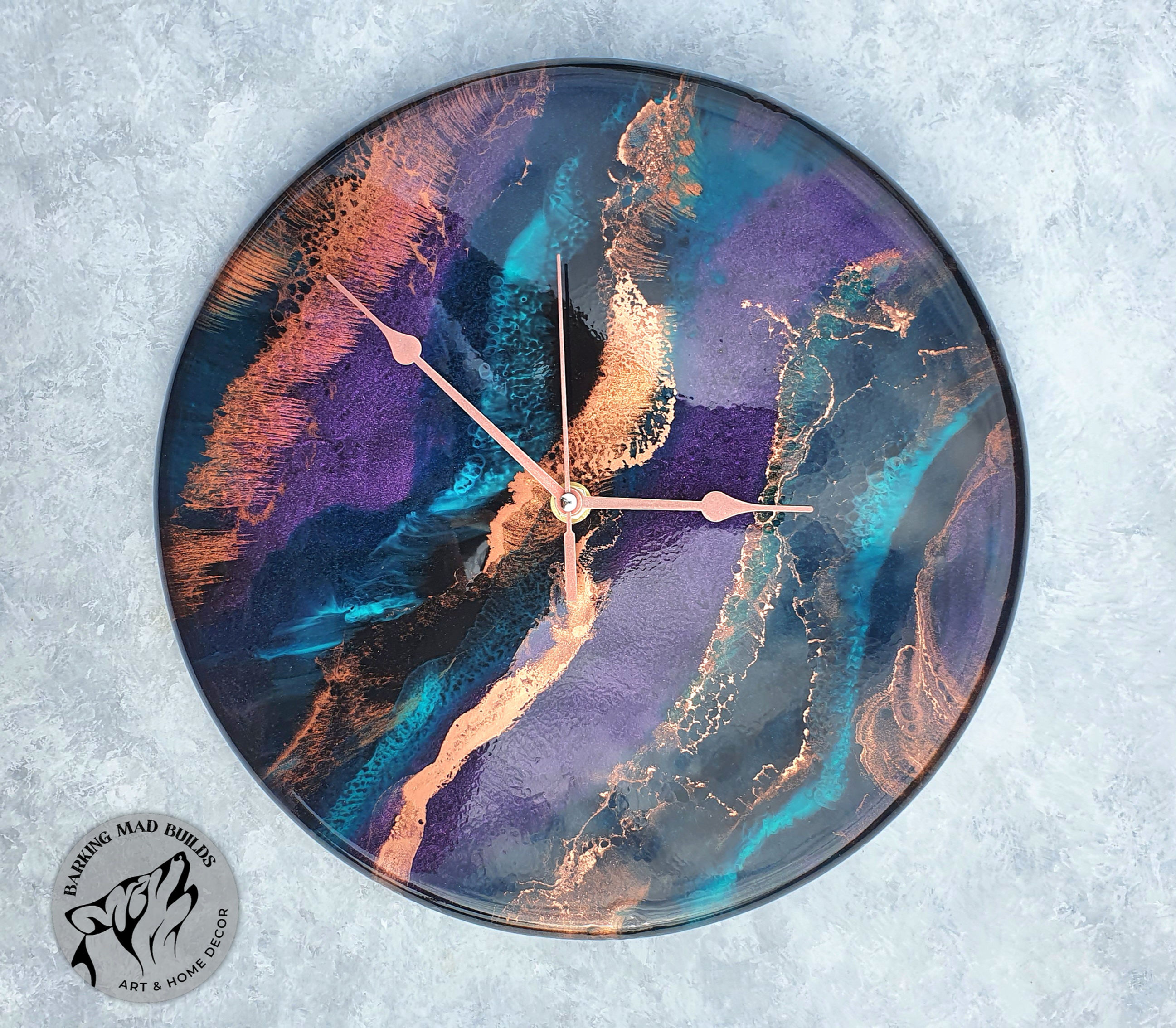 Stunning abstract clock with Purple, gold and blues - 29cm