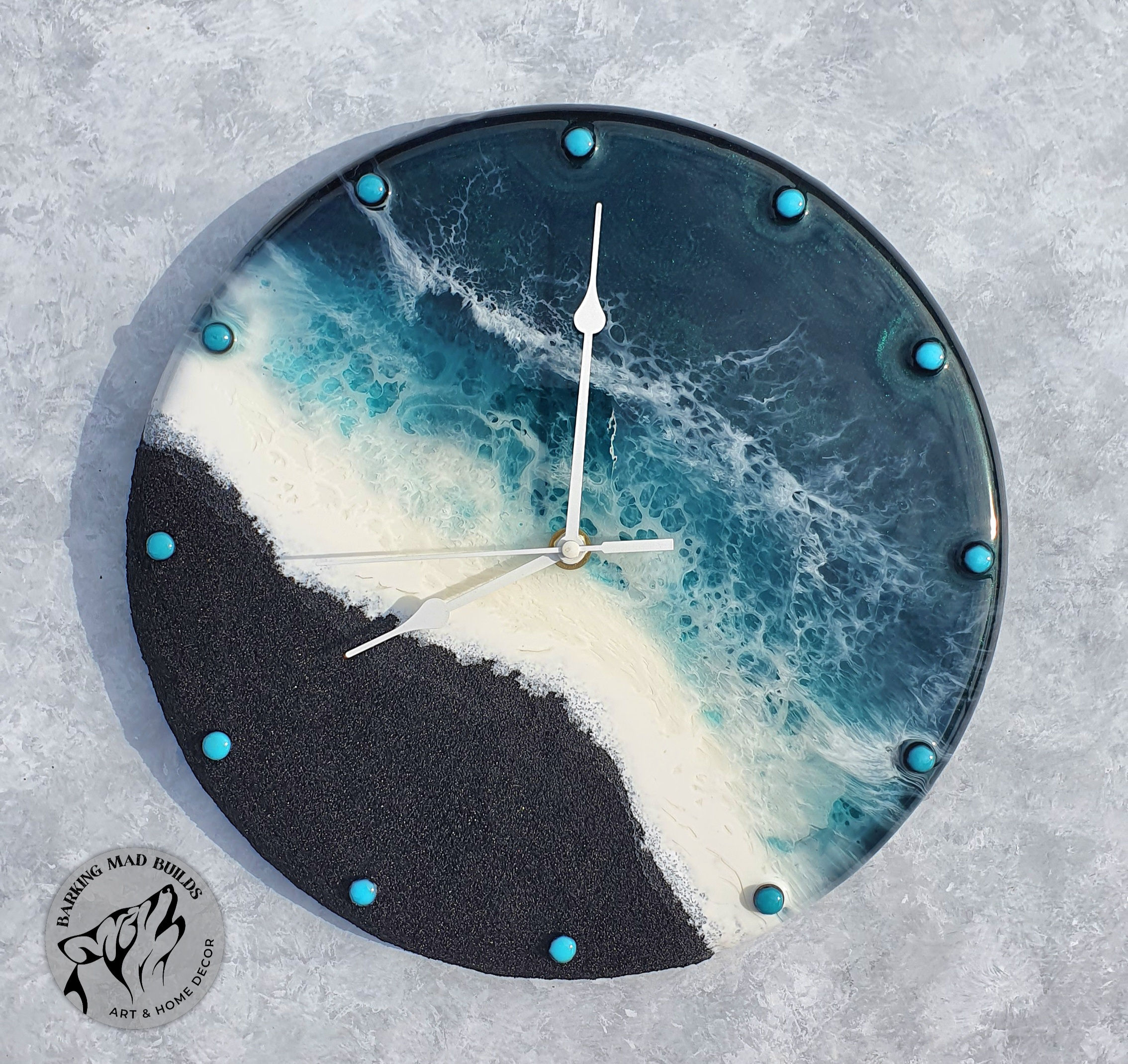 Stunning Resin ocean Clock with black sand beach- 29cm