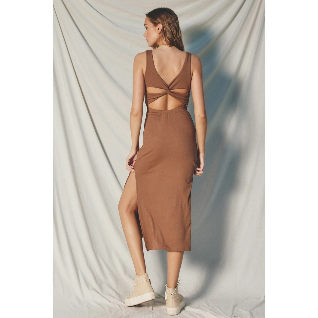 Ribbed knit sleeveless maxi dress. back view of dress showing knot design