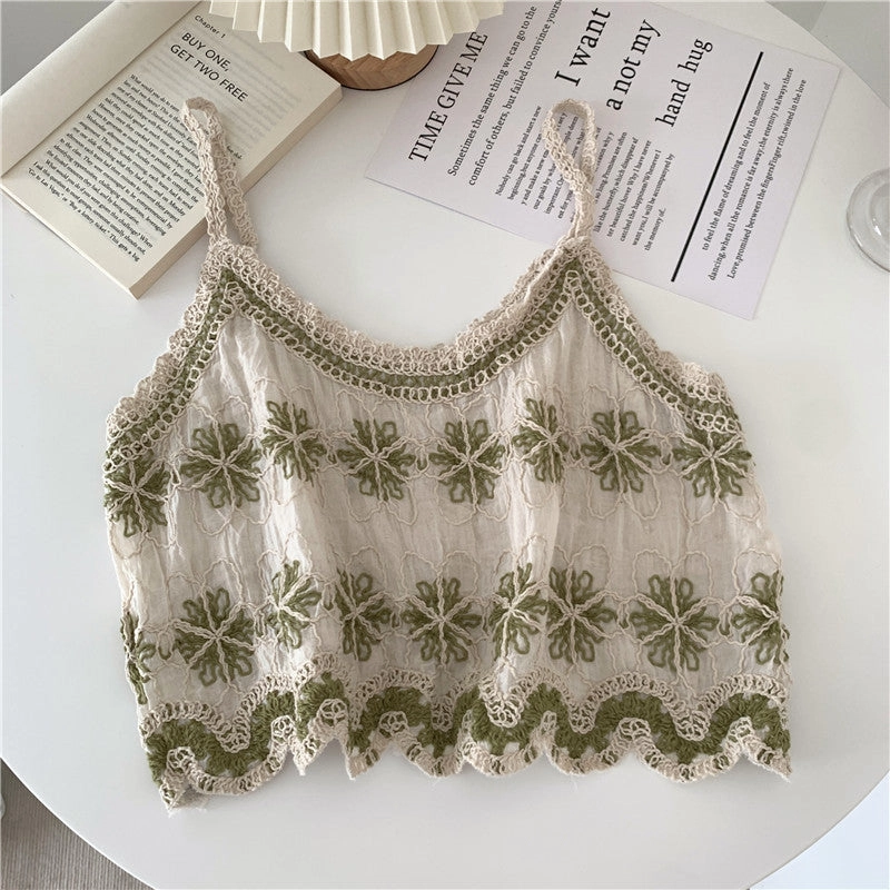 Embroidered Summer Tank Top Green Floral Design and Beige detailing