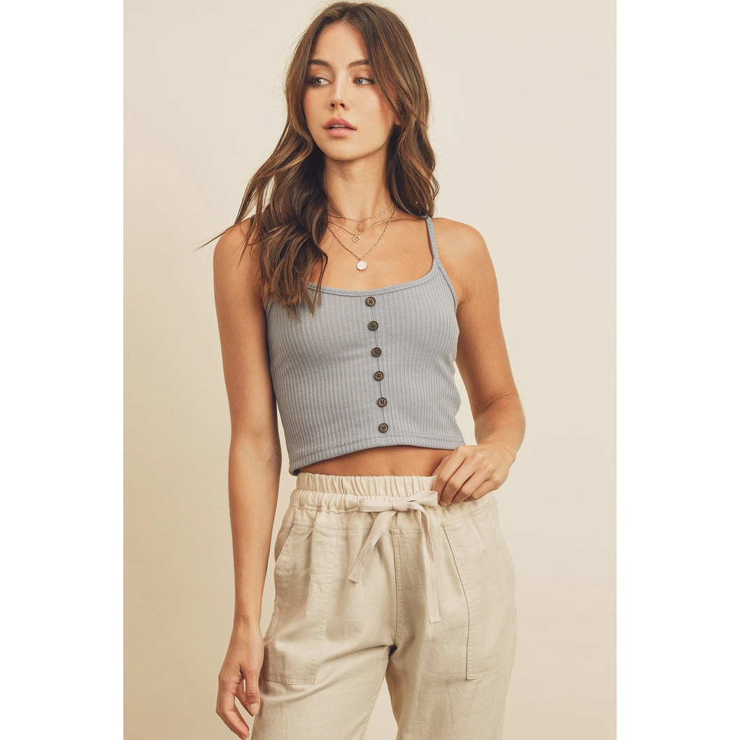 blue button down ribbed crop top