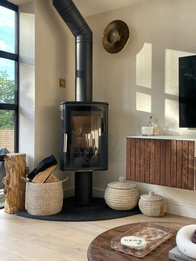 Wood burner living room space, scandi design, cosy living space