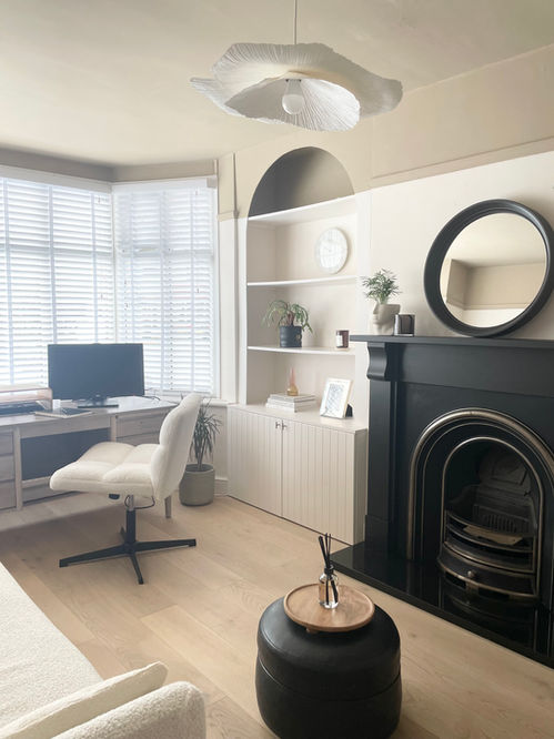 Neutral office space, work from home, light oak flooring, neutral decor colour palette