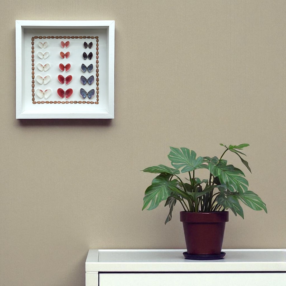 Miniatura: Quadro em conchas naturais com composição leve e repetitiva em tons claros.