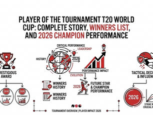 Infographic showing T20 World Cup player awards, highlighting 2015, 2018, 2026 winners, performance impact, and tactics. Red, black text.