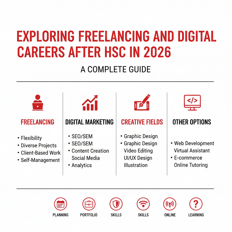 Guide on freelancing and digital careers post-HSC 2026. Covers freelancing, digital marketing, creative fields, other options. Icons below.