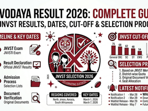 Navodaya Result 2026 guide infographic with timeline, key dates, cut-off scores, and selection process. Red, white, and black theme.