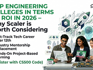 Smiling students work on tech projects at a table. Text highlights benefits of Scaler in tech careers. Background features futuristic graphics.