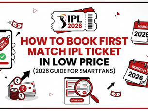 IPL 2026 ticket booking guide. Hand holds phone with "Low Price" tag; clocks, calendars, and currency symbols highlight savings.