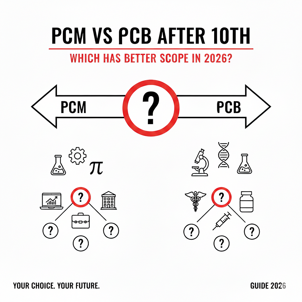 PCM vs PCB info graphic with icons for career paths in science. Question marks highlight uncertainty. Text: Your choice. Your future.