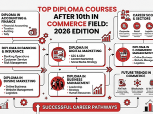 Top Diploma Courses infographic for commerce after 10th in 2026. Includes Accounting, Banking, Digital Marketing; red and black theme.
