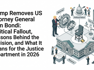 Trump dismisses Attorney General; illustration shows gears, scales, DOJ building, and text on political impact and DOJ's future in 2026.