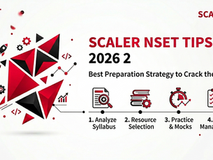 Geometric red and black shapes with icons symbolize "Scaler NSET Tips 2026 2." Steps: Analyze Syllabus, Resource Selection, Practice & Mocks, Time Management.