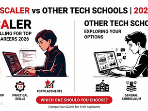 Two people at laptops compare Scaler and other tech schools. Text highlights benefits like mentorship and top placements. Red and black colors.