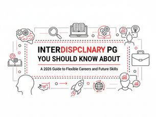 Text reads "INTERDISPLCNRY PG YOU SHOULD KNOW ABOUT," showcasing future skills. Icons of brains, books, and gears surround the text.