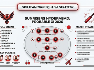 SRH 2026 cricket strategy: squad list, key players, and match tactics. Includes top, middle, finisher orders, and visuals of bat and ball.