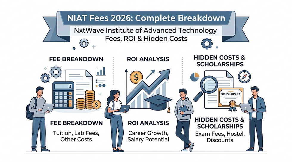 Infographic on NIAT Fees 2026, showing fee breakdown, ROI analysis, and hidden costs with scholarships. Includes charts, coins, and people.