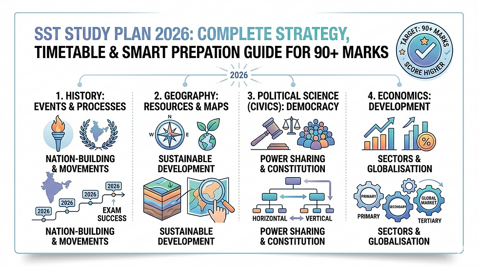 SST Study Plan 2026 infographic with sections on History, Geography, Political Science, and Economics. Focus on strategy and scoring 90+ marks.